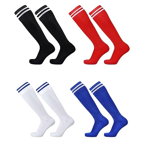 MIVAIUN 4 Pares Medias de Fútbol para Niños, Calcetines Fútbol Hasta Rodilla Calcetines de Entrenamiento Deporte Largos para Fútbol, Baloncesto, Hockey, Rugby, Niños de 5-12 Años(Black,Blue,White,Red)