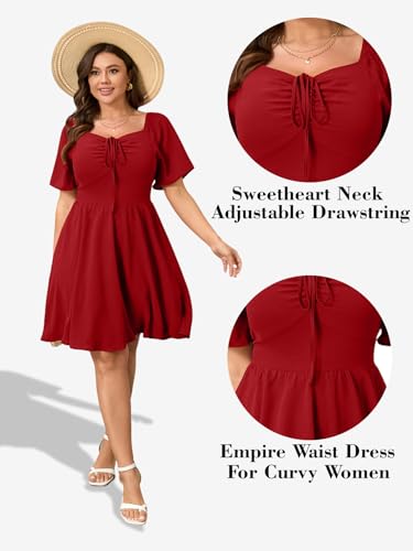 Image of RWJ Women Plus Size Summer Dress Short Sleeve Tie Front Sweetheart Neck Casual Mini Wedding Guest Dresses 2025