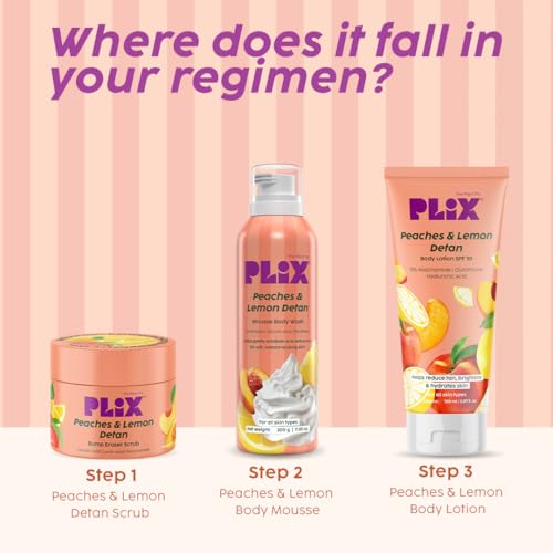 Image of Plix Peaches & Lemon De-Tan Mousse Body Wash | Glycolic Acid & Ceramides | Hydrating Mousse Body Wash with Fruit Extracts | Smooth, Bright Skin