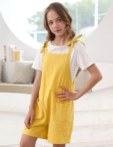 Image of Girls Romper Sleeveless Adjustable Tie-Up Strap Short Jumpsuits Summer Clothes with Pocket 5-12 years