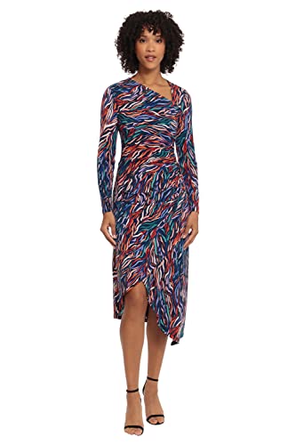 Maggy London Women's Long Sleeve Asymmetric Neck And Hem Dress, Navy/Tangerine/Peri #TOP9