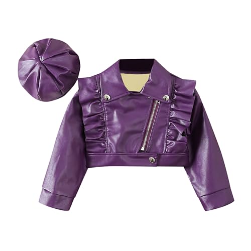 Toddler Girls Faux Leather Motorcycle Jacket Cute Ruffle Spring Fall PU Coat and Hat 2 to 7 Years Top Runaways Purple