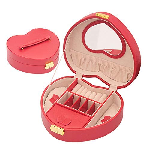 Zxx Jewelry Box - Outer PU Leather/Interior Flocking Fabric, European Creative Heart-Shaped Mirror with Lock Single-Layer Jewelry Finishing Storage Box - 4 Colors Optional Jewelry Box
