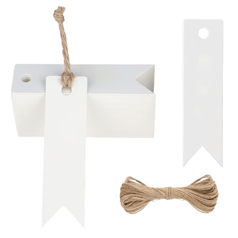 AZWOOD Geschenk Anhänger, 200 Stück Kraftpapier Etiketten, 2 * 7cm Papieranhänger Mit 40m Juteschnur, Blanko Geschenkanhänger Zum Beschriften für Hochzeit Handwerk Weihnachten, Weiß