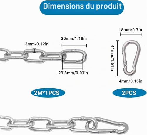 Chaîne Acier Inoxydable 2 m avec 2 Mousquetons 3 mm – vue 2