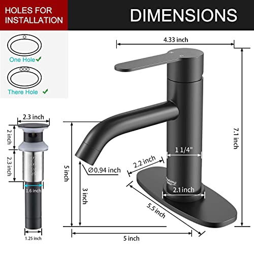 Amazing Force Single Handle Bathroom Faucet Matte Black Bathroom Sink Faucet Single Hole With Pop Up Drain Assembly Black Faucet For Bathroom Sink 1.2 Gpm #TOP5