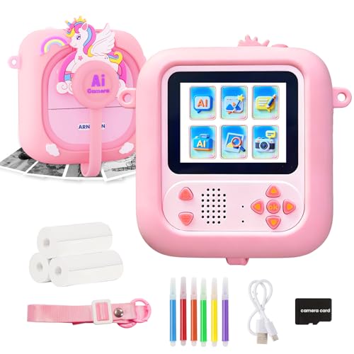 ARNSSIEN IA Cámara Infantil Inteligente, Camara Fotos Infantil Instantanea,vídeo 1080p, IA, Bluetooth, Pantalla 2,4' y WiFi. Regalo Ideal para niños 3-12 años y Viajes，AI02