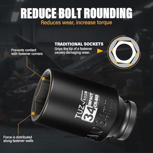 Image of 1 /2 Inch Drive 34mm Deep Metric Impact Socket,CR-MO,6 Point Radius Corner Design,Square Chamfered Opening,Axle Nut Impact Grade Socket for Easy Removal