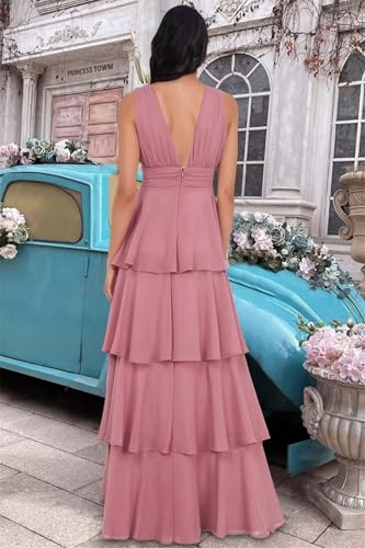 V Neck Chiffon Bridesmaid Dresses 2025 for Women Tiered Ruffles Formal Evening Dresses Long with Pleated3