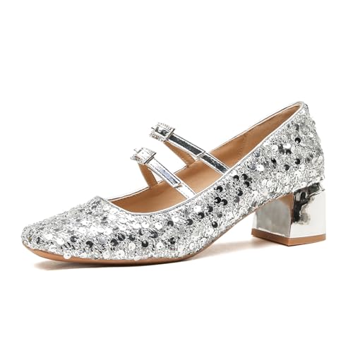 Women's Sequined Chunky Heel Mary Jane Shoes Elegant Round Toe Double Straps Shiny Dating Party Wedding Formal Pumps