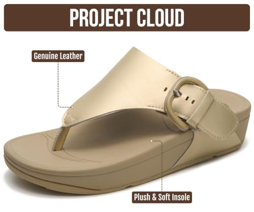 Image of Project Cloud Genuine Leather Women's Sandals - Thong Flip Flops with Plush Soft Insole, Arch Support & Non Slip Outsole - Comfortable Beach & Summer Slides