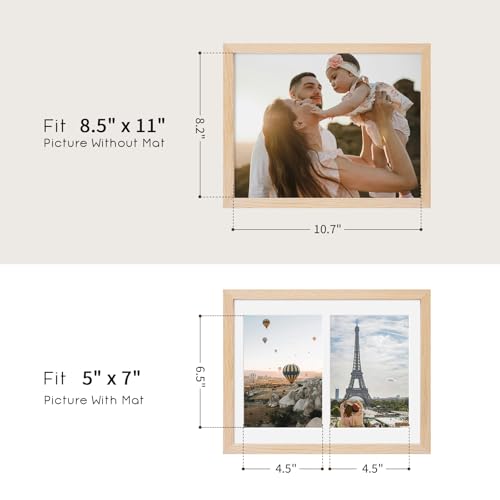 8.5x11 Oak Wood Picture Frame - Minimalist 8.5x11 Picture Frame with Mat Display 2Pcs 5x7 Photos, 5x7 Picture Frames Wood, Natural Solid Wooden Picture Frames(1 Pack, Beige)