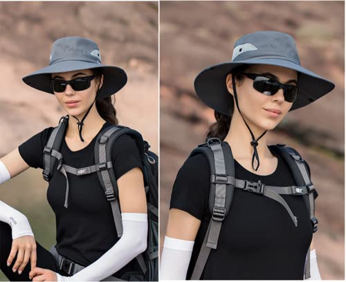 Womens Outdoor Sun Hat Breathable Packable Boonie Wide Brim Bucket Cap Fishing Hiking Ponytail Hole (Pure Grey) #TOP1