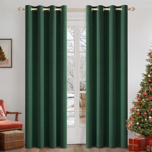 Image of MIULEE 100% Blackout Linen Curtains for Bedroom 52x108 Inches Emerald Green