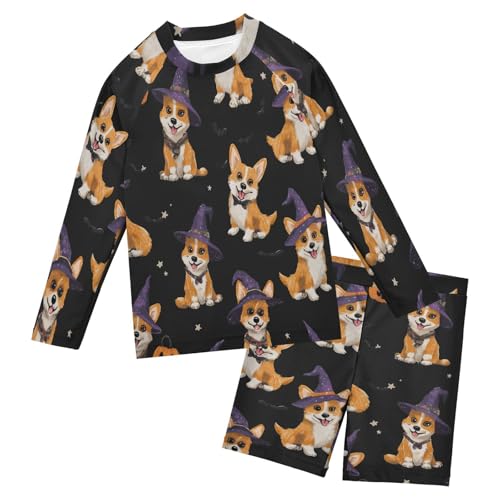 Witch Corgi Dogs Boys Swimsuit Rash Guard Toddler Kids Long Sleeve Swim Shirt and Trunks Swimwear Set 3-10Y - Main Image