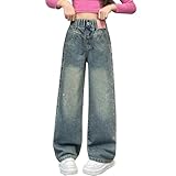 Girls Wide Leg Jeans Kids Elastic Waist Baggy Denim...