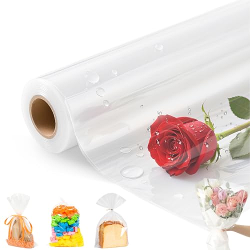 Papel Celofan Transparente,43 CM x 30 M Papel Transparente Regalo,3 Mil Papel de Regalo Transparentes,Grosor Celofan Impermeable Papel de Regalo para Envolver Flores,Embalaje de Cesta de Regalo