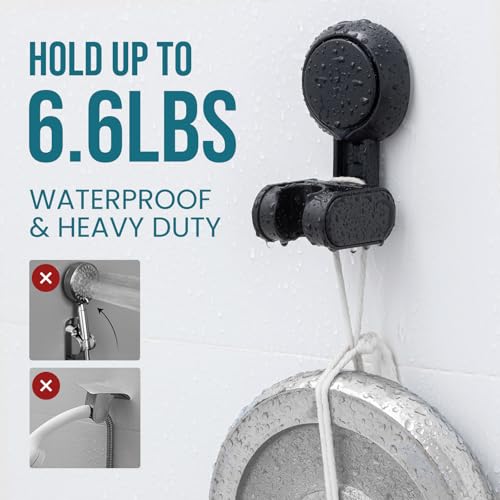 Image of TAILI Shower Head Holder Suction Cup, Adjustable Height & Angle, Wall Mounted, Waterproof, Black, Plastic, Round, Bathroom & Shower Fixture