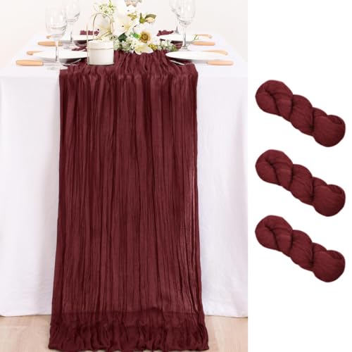 Image of MLMC 3 Pack Burgundy Red Table Runner 10ft Rustic Gauze Wine Red Cheese Cloth Table Runner Cheesecloth Centerpiece for Wedding Holiday Anniversary Events Decor