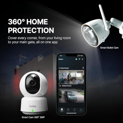 Image of Qubo Smart Outdoor Bullet + 360 Indoor Camera Combo| Free 1-Year Subscription | 3MP 2K Resolution | WiFi CCTV | AI Person Detection | NightPulse Vision | 1 TB SD Card + Cloud Backup [Pack of 2]