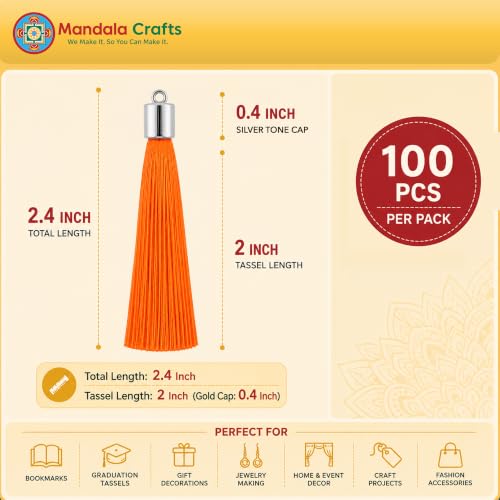 Image of Mandala Crafts Small Silver Tone Cap Orange Bookmark Tassels with Loops