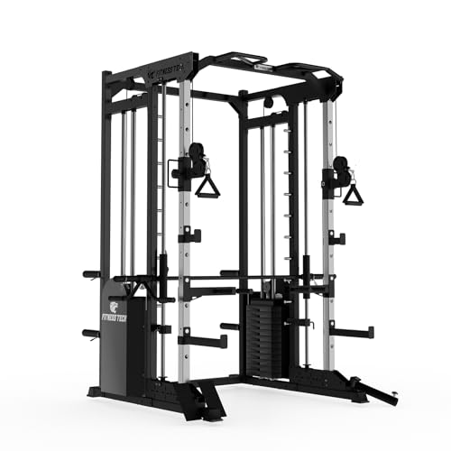 Fitness Tech Multistazione Palestra Home Gym Smith Machine S8000 150 kg con 2 Torri Pesi | Macchina Palestra Multifunzione con Lat Machine, Pulegge 2:1 e Barra Guidata