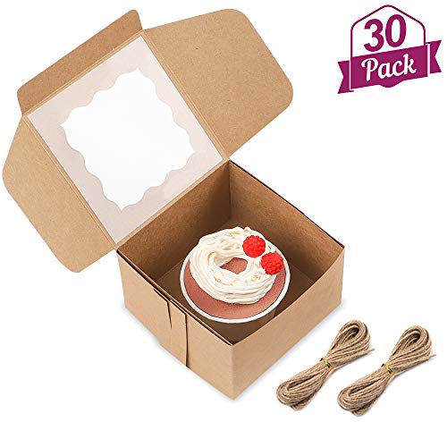 Moretoes 30 Packs 4x4x2.5 Inches Brown Bakery Boxes with Window Paper Gift Boxes