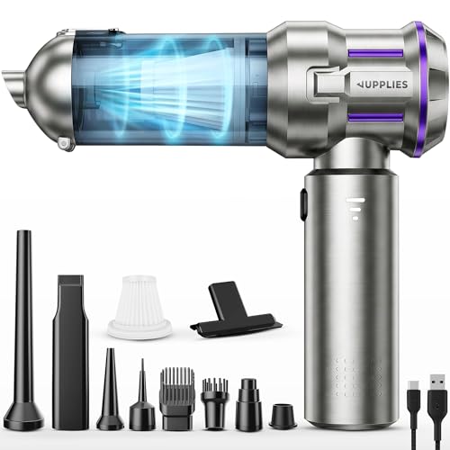 JUPPLIES Aspirador de Mano Inalámbrico Potente, 22000 PA, 3 Intensidades | 4 en 1: Succión, Soplado, Inflado, Vacío | 7 Accesorios, Motor Sin Escobillas | Mini Aspiradora Hogar Coche (Gris)