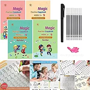HARRY EMPIRE Sank Magic Practice Copybook, (4 Book + 10 Refill+ 1 Pen +1 Grip) Tracing Book for Preschoolers with Pen, Practical Reusable Writing Tool Simple Hand Lettering