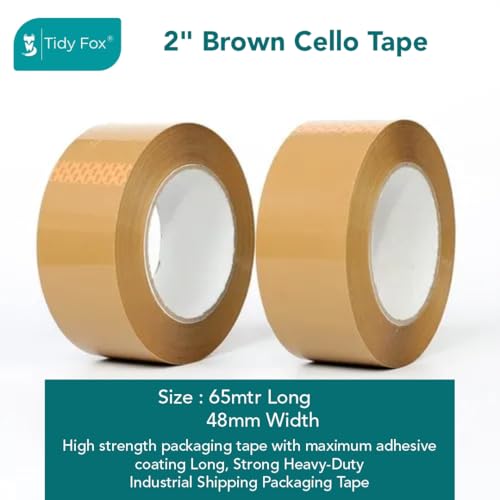 Image of Tidy Fox Packing Tape Brown / 2 Inch x 65 mtr /Pack of 2 / Strong Cello Tape for Cartons, Shipping & E-Commerce Packaging