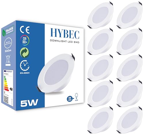 HYBEC - Spot LED Encastrable 68mm, Trou 60mm, 55mm, Petit, 5W Blanc, Diamètre 60 mm (Pack de 10)