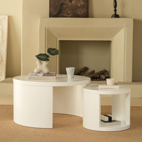 Round Nesting Coffee Table Set of 2, 31.5″ Large and 18″ Small Low Tables, Modern Wood Grain Tables for Living Room, White