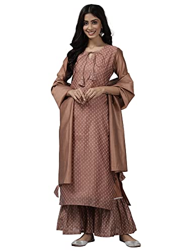 Image of INDO ERA Women's Chanderi Silk Printed Straight Kurta Sharara With Dupatta Set(21GGG3649)