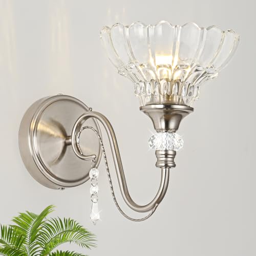 Image of 1 Piece Brushed Nickel Finish Wall Sconce, 1-Light Modern Wall Sconce with Hanging Crystal Accents and Flower-Shaped Clear Shades for Bathroom Bedroom Living Room,Modern Vanity Light
