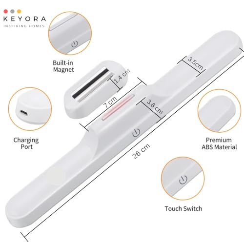 Image of KEYORA Slim LED Under Cabinet Lamp with Curved Edge, 3-Color Dimmable Modes, 1200mAh Battery, USB Rechargeable Magnetic Mount LED Light Bar for Kitchen, Closet, Wardrobe & Bedroom Lighting