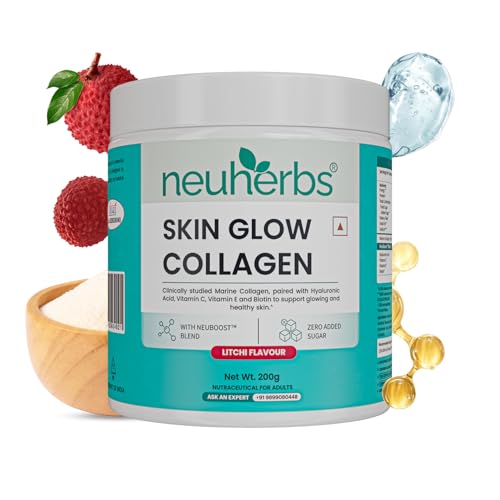Neuherbs Skin Glow Marine Collagen Powder Supplement For Men & Women – 200g (Litchi Flavour) | With Hyaluronic Acid, Vitamin E & C, Biotin | Supports Skin Glow & Wrinkle Free