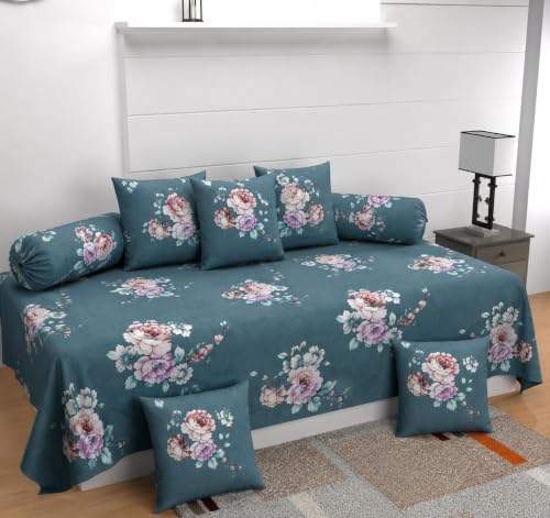 Image of Microfiber Fabric 8Pcs Diwan Blend Set of 60X90 Inch 1Bedsheet 16x16inch 5Cushion Covers 18x28 inch 2Bolster Covers (Teal)