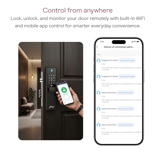 Image of Godrej Smart Lock | Neo Connect Digital Lock for Wooden Door | WiFi, Fingerprint, PIN, RFID Card, Mobile App, Mechanical Key | 5 in 1 Access | 3 Dead Bolts | Black | 3Yrs Warranty Free Installation*