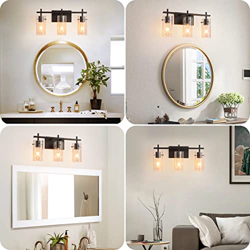 Image of ClanKin 3-Light Bathroom Vanity Light Fixture,Black Wall Sconce Lighting with Glass Shade for Bathroom, Modern Vanity Lamp Wall Lights Over Mirror (Black, 3-Light)