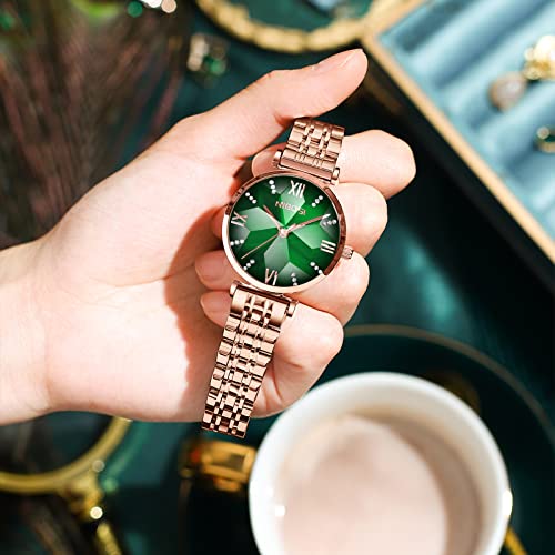 Nibosi Women's Watches Analog Square Green Dial Watch For Women Stylish Diamond Rose Gold Dress Wrist Watch With Stainless Steel Strap (Rose Green 2) #TOP4