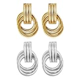 2 Pairs 18K Gold Filled Knot Earrings for Women Set, Elegant Dangle Drop Earrings, Timeless Luxury Jewelry Gift for Her (Gold/Silver Set)