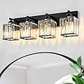 Aixialin Modern Crystal Bathroom Vanity Light 4-Lights Modern Black Crystal Bathroom Wall Light Bathroom Vanity Light Fixtures