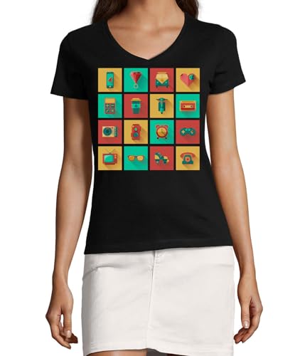 T-shirt à col en V en coton pour femme Everyday Custom Items noir style hipster