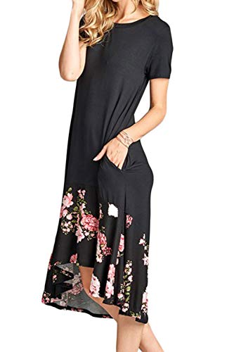 Image of Jayscreate Women's Casual Summer Dress Midi Length T Shirt Tunic Short Sleeve Crew Neck Long Beach Dress Loose Fit with Pockets