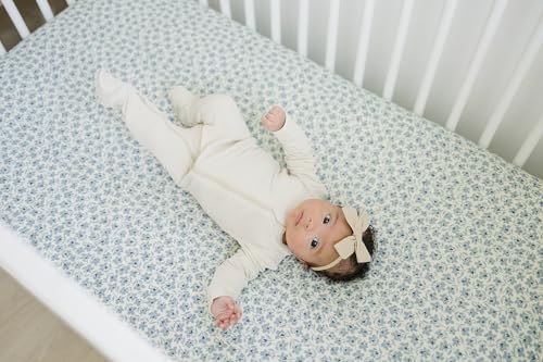 Image of Blue Blossom Muslin Crib Sheet by Mebie Baby, Soft and Breathable Bed Sheets for Babies, Modern Neutral Bedding for Cribs, Standard Crib Mattress Fitted Sheet, Great for Boy or Girl Room