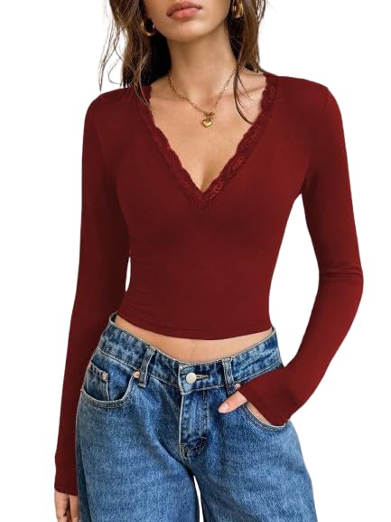 Solid V Neck Lace Tops for Women || Crop Top for Women Stylish Western || Ribbed Tops || Full Sleeves Top || Winter Top