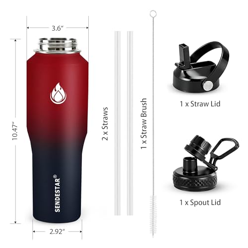 Image of SENDESTAR 32oz Water Bottle Wide Mouth Stainless Steel Vacuum Insulated Double Wall with 2 Straw Lids Fit in Any Car Cup Holder