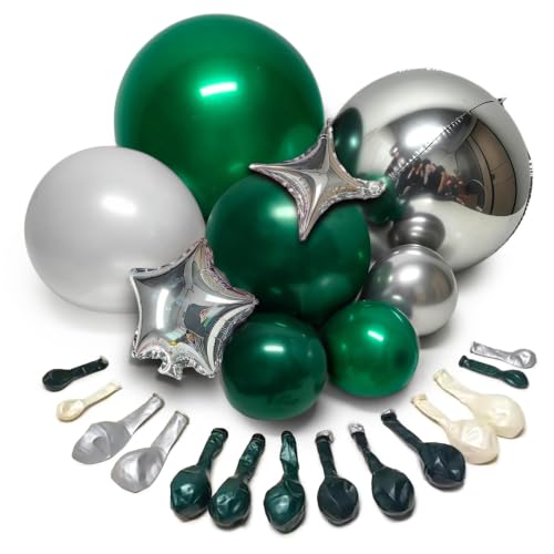 Image of Emerald Green Silver Balloon Arch Double Stuffed White Pearl Balloon Kit | Dark Forest Green White with Silver Star Foil Balloon Garland for Birthday Christmas Anniversary Opening New Year Party Decor