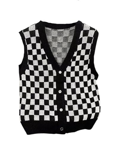 CORIRESHA Unisex Fashion Casual Checkerboard V-neck Button Design Knitted Sweater Vest