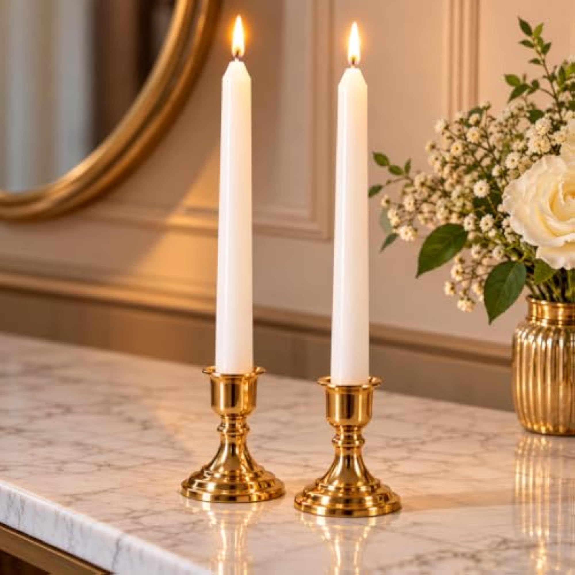 Long White Taper Candles, Dripless Candlesticks, Gift Set
